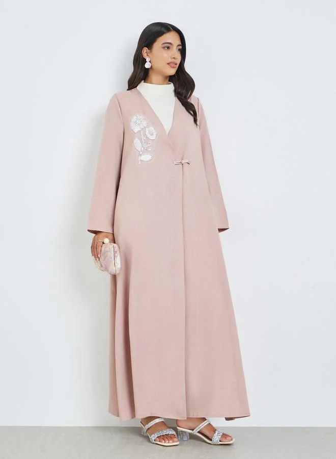 Pink Beaded Patch Abaya with Loop Button
