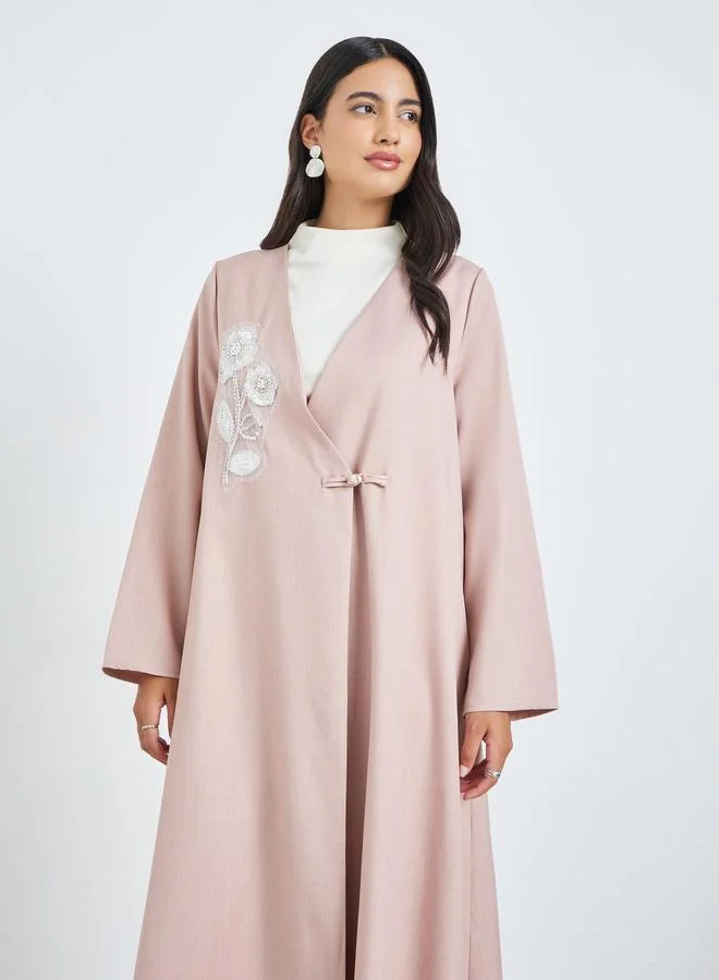 Amirah Pink Beaded Patch Abaya with Loop Button