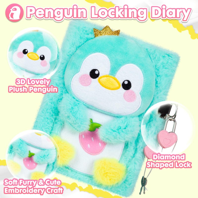 YOYTOO Penguin Diary for Girls with Lock, Plush Penguin Toys Gift for Teen Girls, Kids Writing Journal Notebook, Birthday Gifts for Little Girls Ages 5 6 7 8 9 10-12 Year Old - Image 3