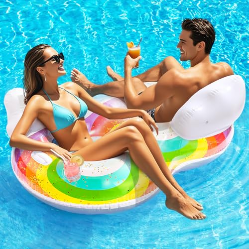 HeySplash Pool Floats Adult 2 Seat Inflatable Rainbow Float with Cloud Backrests and Handles Pool Float with Cup Holders for FamilyFriendsCouple Pool Float Chair for Beaches Lakes Pool Parties - Image 1