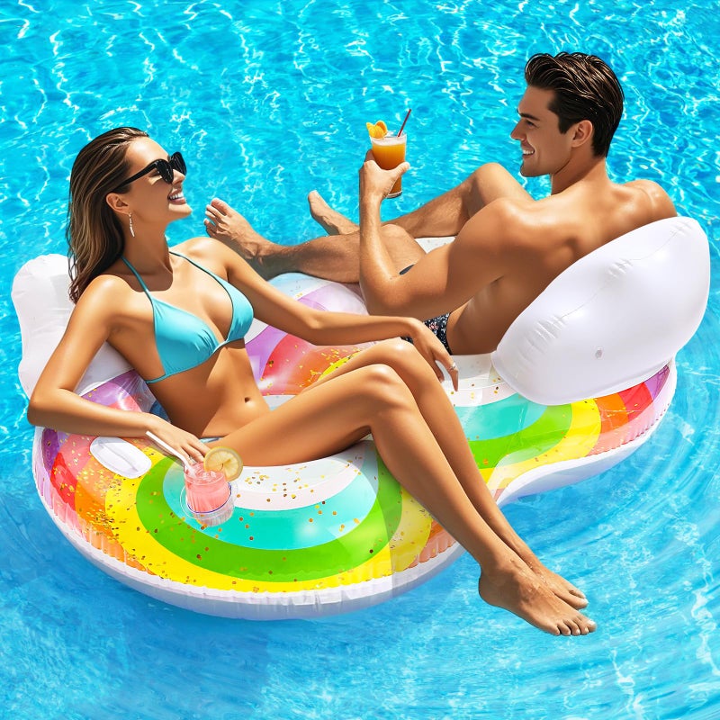 HeySplash Pool Floats Adult 2 Seat Inflatable Rainbow Float with Cloud Backrests and Handles Pool Float with Cup Holders for FamilyFriendsCouple Pool Float Chair for Beaches Lakes Pool Parties - Image 2