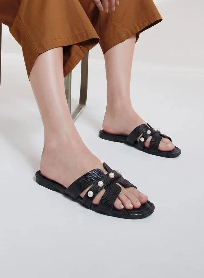 Take Two  Black Pearl Embellished Flat Sandals for Women | Best Price UAE