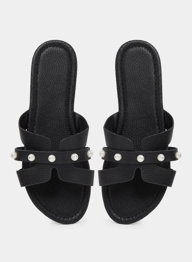 Take Two  Black Pearl Embellished Flat Sandals for Women | Best Price UAE