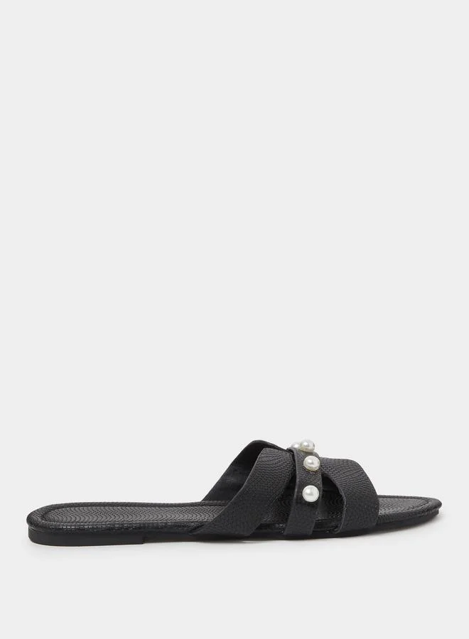 Black Pearl Embellished Flat Sandals