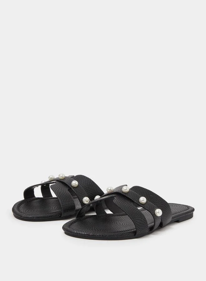 Take Two  Black Pearl Embellished Flat Sandals for Women | Best Price UAE