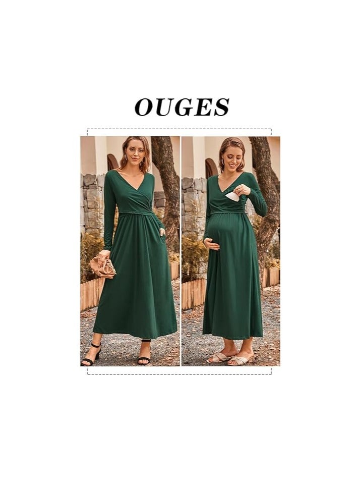 Women's 2023 Fall Fashion Long Sleeve V Neck Maxi Dress with Pockets Maternity Clothes Nursing Dresses  - Image 4