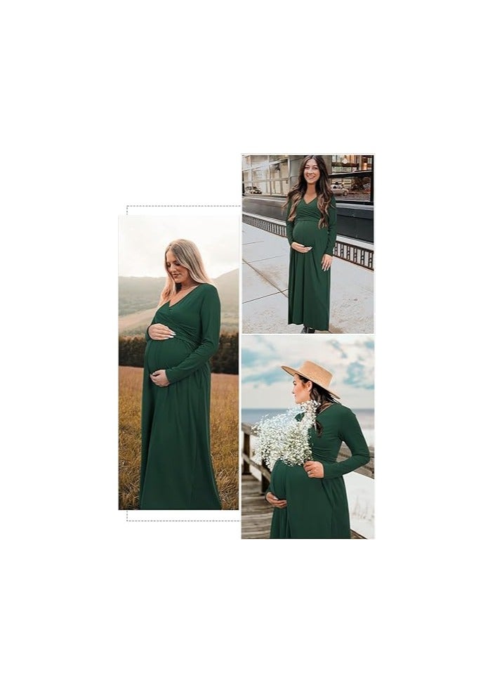 Women's 2023 Fall Fashion Long Sleeve V Neck Maxi Dress with Pockets Maternity Clothes Nursing Dresses  - Image 5