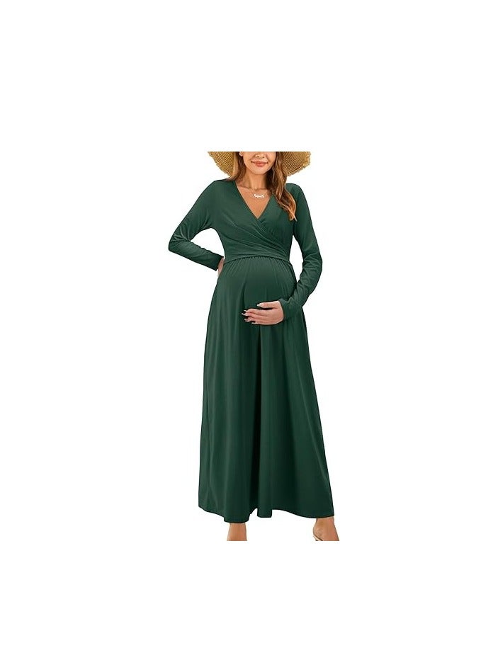 Women's 2023 Fall Fashion Long Sleeve V Neck Maxi Dress with Pockets Maternity Clothes Nursing Dresses  - Image 1