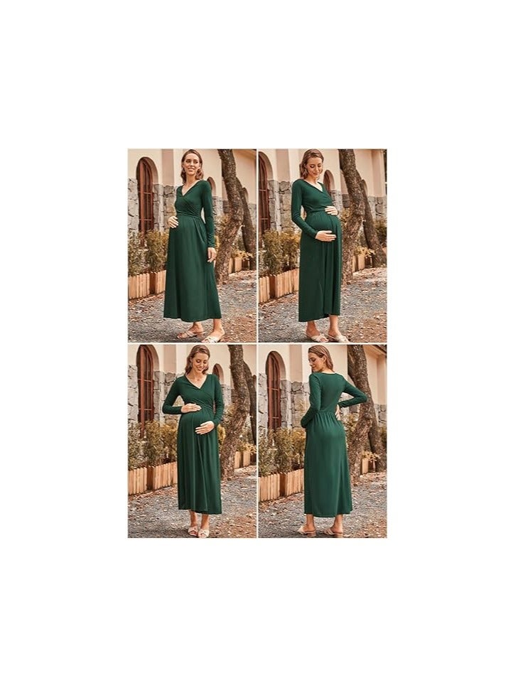 Women's 2023 Fall Fashion Long Sleeve V Neck Maxi Dress with Pockets Maternity Clothes Nursing Dresses  - Image 3