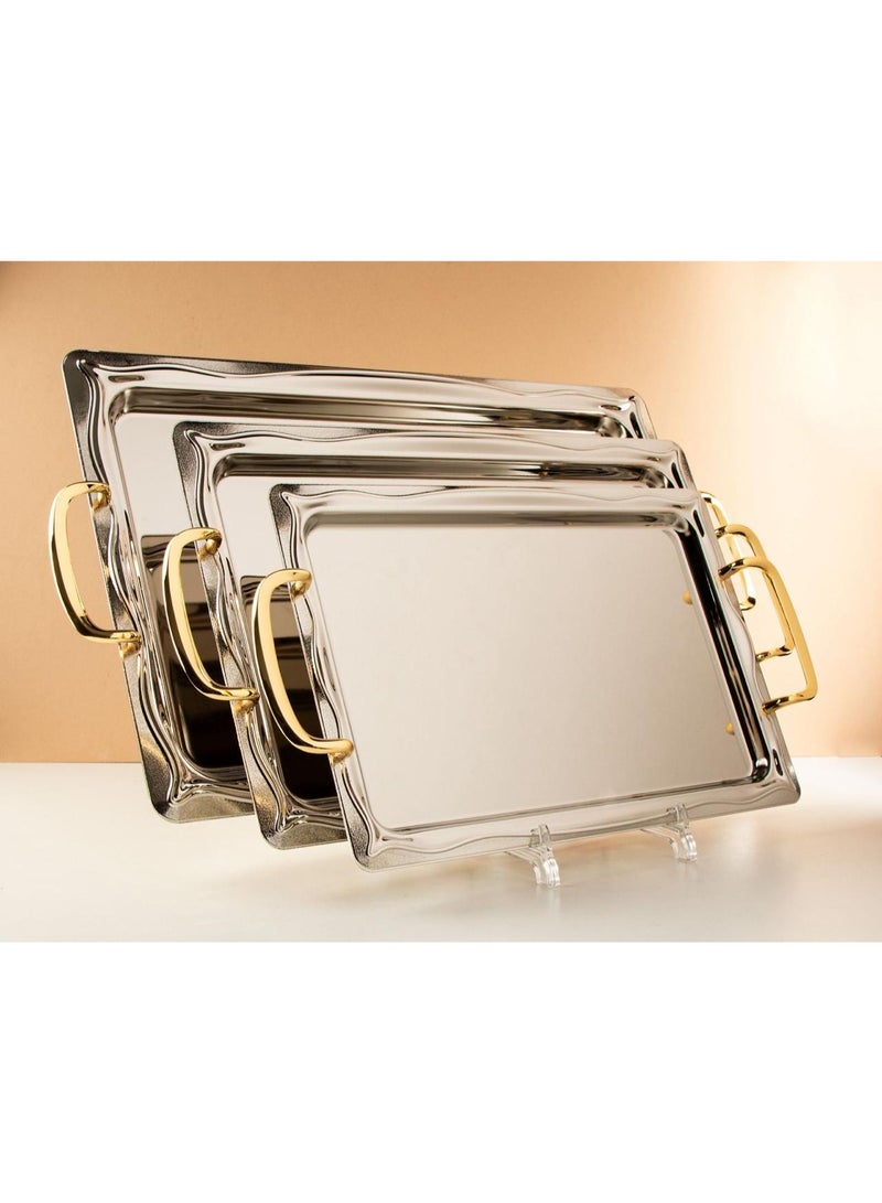 طقم تباسي تقديم ستيل 3 قطع ذهبي-فضي