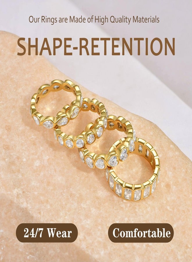 NUZON 4PCS Gold Cubic Zirconia Rings Set for Women Sparkly 14K Gold Plated Stainless Steel Stackable Ring Non-Tarnish Statement/Love/Eternity/Promise Band Jewelry for Engagement Wedding Finger 7 - Image 4