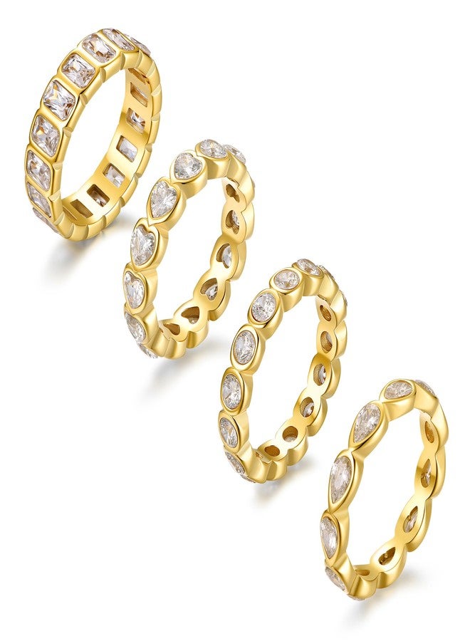 NUZON 4PCS Gold Cubic Zirconia Rings Set for Women Sparkly 14K Gold Plated Stainless Steel Stackable Ring Non-Tarnish Statement/Love/Eternity/Promise Band Jewelry for Engagement Wedding Finger 7 - Image 1