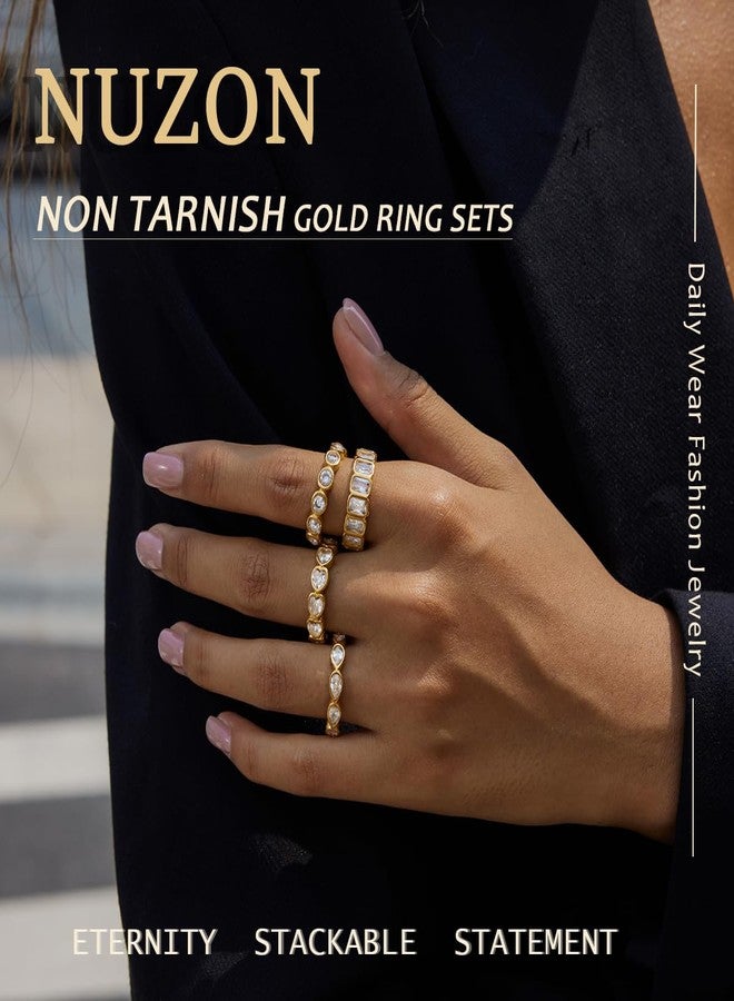 NUZON 4PCS Gold Cubic Zirconia Rings Set for Women Sparkly 14K Gold Plated Stainless Steel Stackable Ring Non-Tarnish Statement/Love/Eternity/Promise Band Jewelry for Engagement Wedding Finger 7 - Image 2