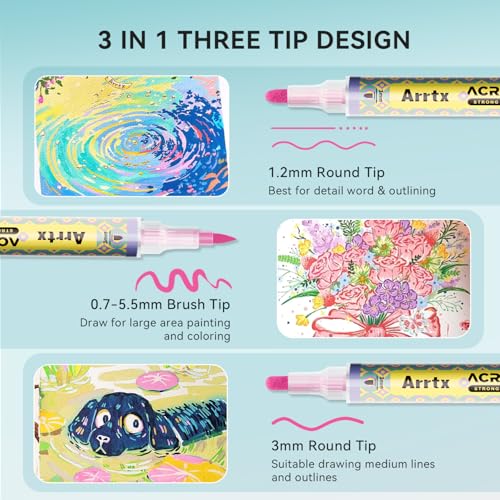 Arrtx 72 Colors Acrylic Paint Pens 3mm Medium Tip Paint Markers Paint Pens Non Toxic Waterbased Quick Drying for Artists Detailing Rock Painting Wood Canvas DIY Crafts Making Art Supplies - Image 3