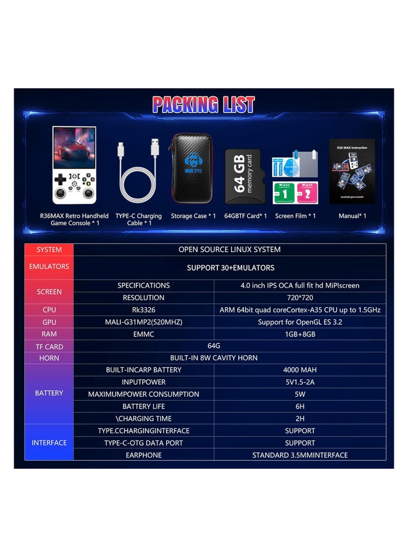 Joshberg R36 Max Retro Handheld Game Console – White, 64GB Built-in 18,000+ Games, 30+ Simulators, 4.0" IPS Screen, Linux System, 4000mAh Rechargeable Battery, Portable Pocket Arcade - Image 2