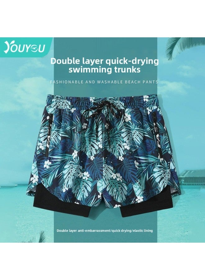 Loquat Swimming Trunks Men's 2023 Loose Swimming Trunks Professional Double Layer Anti-embarrassment Swimsuit Beach Trunks Swimming Set Equipment-Color:Green Leaf Goggles Nose Clip Ear Plug- - Image 2