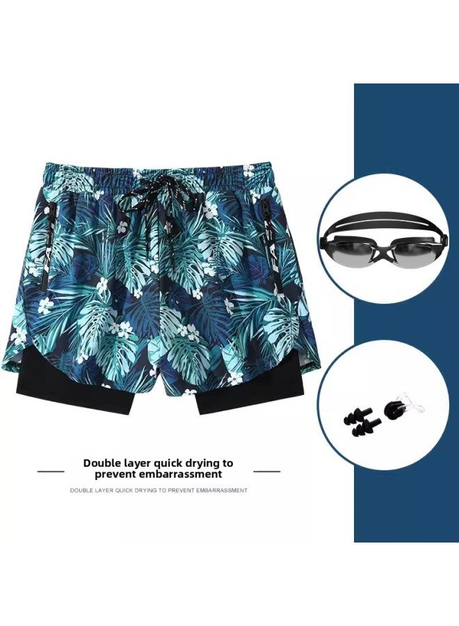 Loquat Swimming Trunks Men's 2023 Loose Swimming Trunks Professional Double Layer Anti-embarrassment Swimsuit Beach Trunks Swimming Set Equipment-Color:Green Leaf Goggles Nose Clip Ear Plug- - Image 1