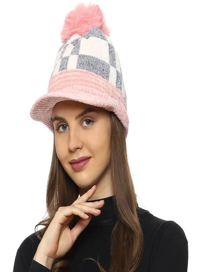 قبعة صوفية نسائية من Dressify®، بتصميم كاروهات أنيق، ناعمة ودافئة، مقاومة للثلج، مزودة بكرة صوفية وحافة (فرو داخلي)، لون وردي. - Image 2