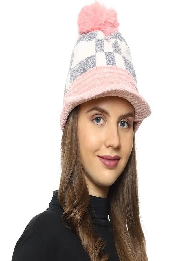 قبعة صوفية نسائية من Dressify®، بتصميم كاروهات أنيق، ناعمة ودافئة، مقاومة للثلج، مزودة بكرة صوفية وحافة (فرو داخلي)، لون وردي. - Image 3