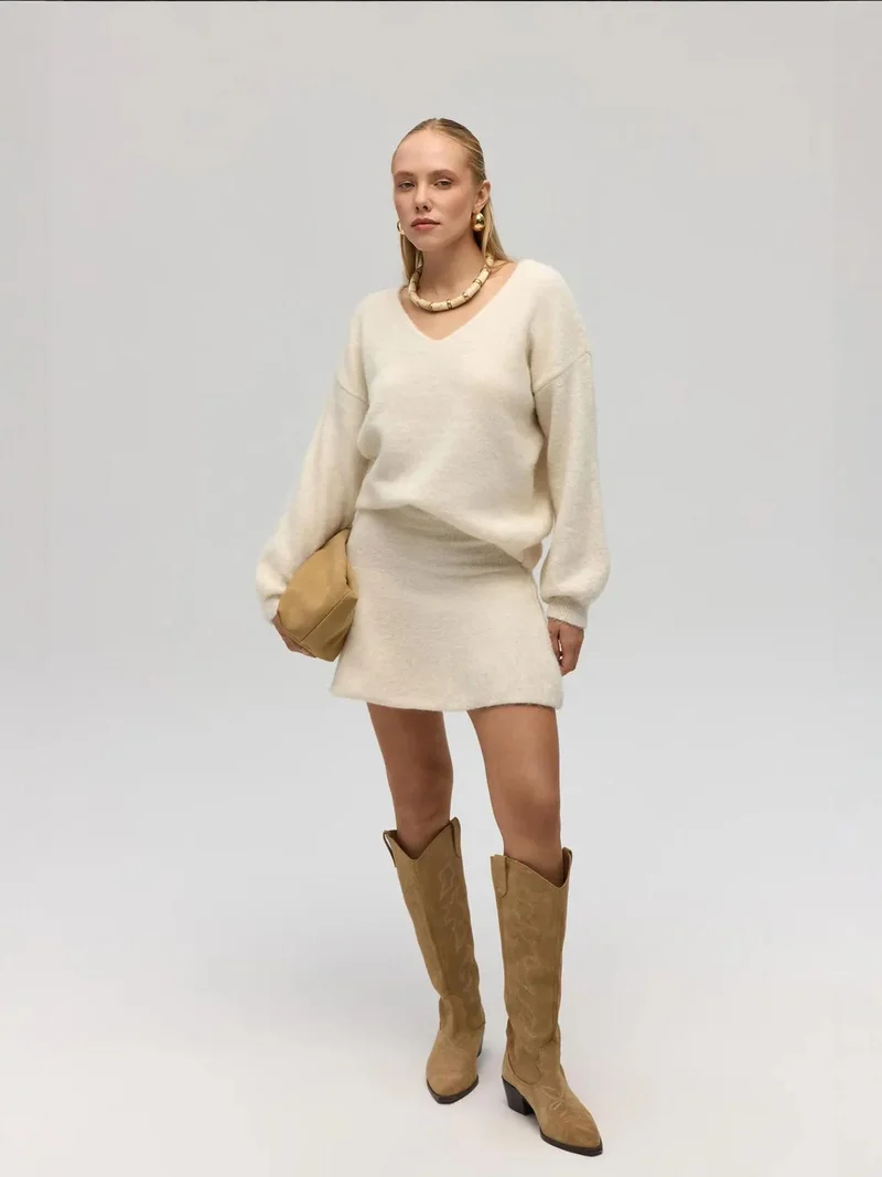 Mai Collection Ivory Natural MAI STUDIOS Nordis Knitwear Frilly Mini Skirt for Women | Best Price UAE