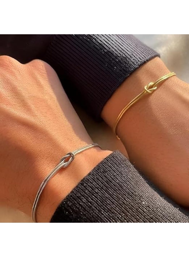 Stainless Steel Cable Bracelet with Knot Design, 2 Pieces, Silver and Gold - Image 2