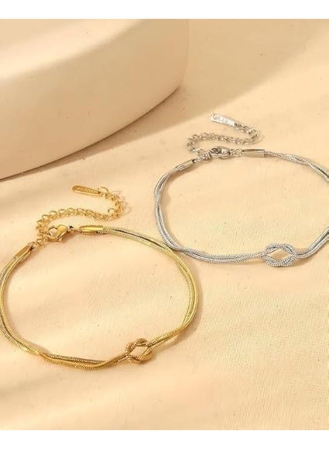 Stainless Steel Cable Bracelet with Knot Design, 2 Pieces, Silver and Gold - Image 3