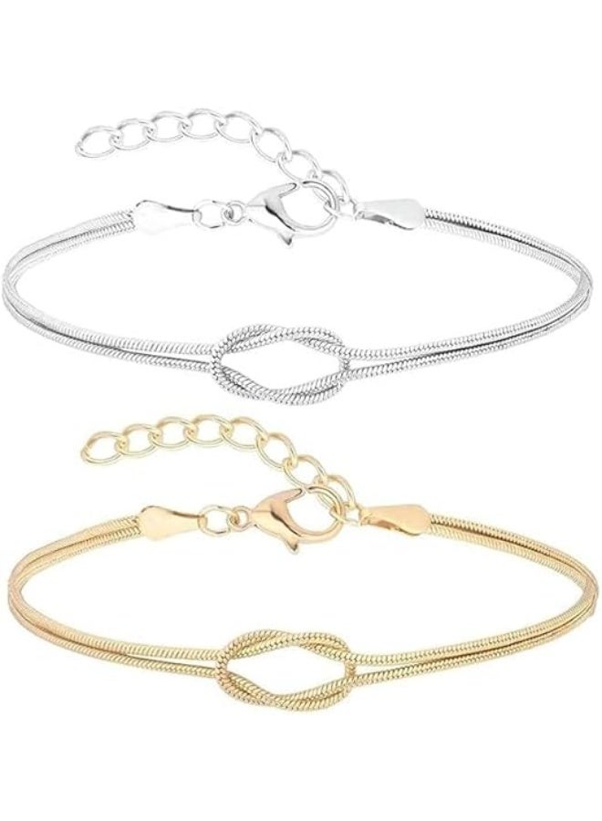Stainless Steel Cable Bracelet with Knot Design, 2 Pieces, Silver and Gold - Image 1