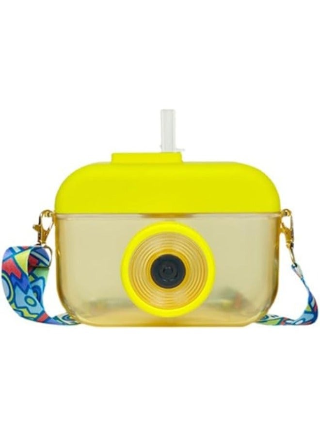 Twisoo Camera Shape Plastic Water Bottle, Leak-Proof Sports Travel Cup with Straw & Strap, 400ml, Yellow - Image 1