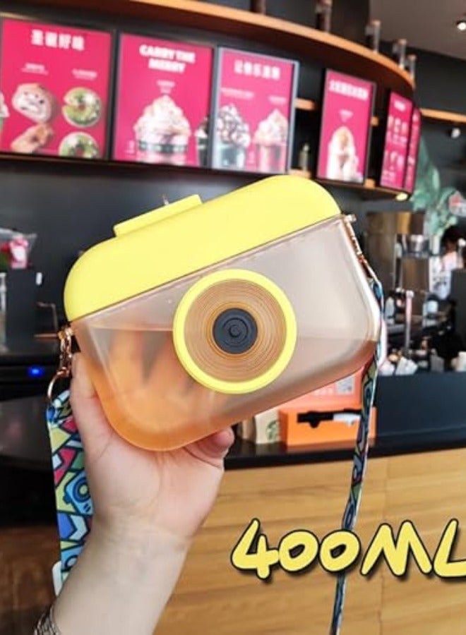 Twisoo Camera Shape Plastic Water Bottle, Leak-Proof Sports Travel Cup with Straw & Strap, 400ml, Yellow - Image 4