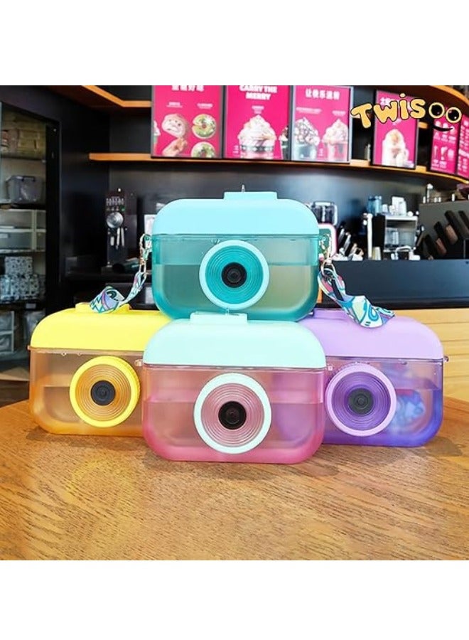 Twisoo Camera Shape Plastic Water Bottle, Leak-Proof Sports Travel Cup with Straw & Strap, 400ml, Yellow - Image 5