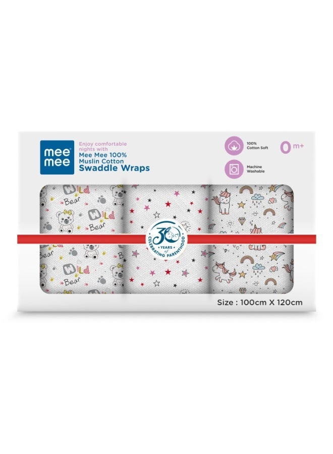Mee Mee 100% Muslin Cotton Baby Swaddle Wrappers Set (PK-3)| Baby Towel| Soft, Quick-Drying & Highly Absorbent Blanket | Printed Mulmul Swaddle Cloth,Newborn Essentials (Multicolour, 120x100 cm) - Image 1
