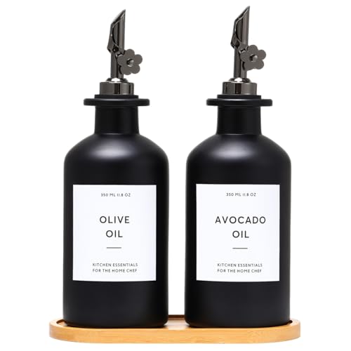 HOMCDALY Olive Oil Dispenser for Kitchen, 11.8oz Glass Kitchen Dispenser Bottle, Black Oil&Vinegar Cruet Set, Leakproof Olive Oil Bottles | Set of 2 (11.8oz – Black) - Image 1