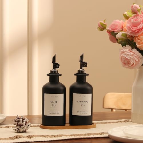 HOMCDALY Olive Oil Dispenser for Kitchen, 11.8oz Glass Kitchen Dispenser Bottle, Black Oil&Vinegar Cruet Set, Leakproof Olive Oil Bottles | Set of 2 (11.8oz – Black) - Image 5
