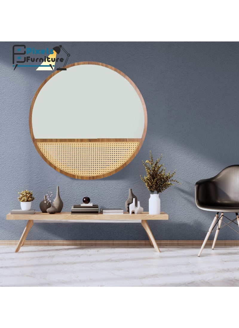 بكسل للأثاث مرآة حائط دائرية بتصميم الراتان وباطار وقاعدة خشب من بكسل الأثاث، لغرفة المعيشة والمداخل والتسريحة والحمام، اللون البني  - Image 3