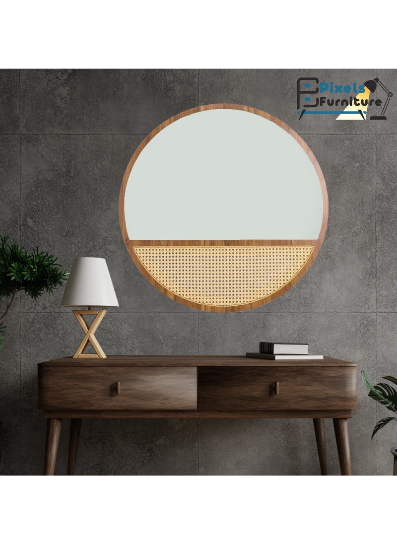 بكسل للأثاث مرآة حائط دائرية بتصميم الراتان وباطار وقاعدة خشب من بكسل الأثاث، لغرفة المعيشة والمداخل والتسريحة والحمام، اللون البني  - Image 4