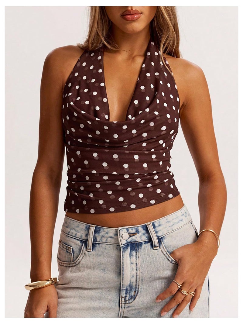 MakeMeChic Women's Polka Dots Halter Top Y2k Going Out Tops Backless Deep V Cowl Neck Tops Brown Large - Image 4