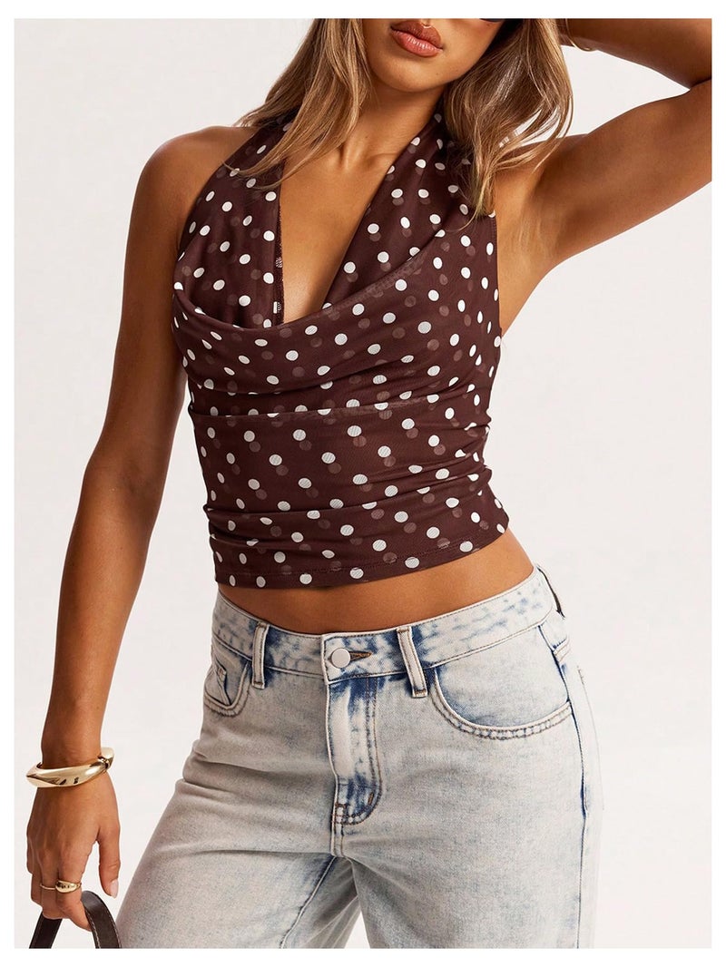 MakeMeChic Women's Polka Dots Halter Top Y2k Going Out Tops Backless Deep V Cowl Neck Tops Brown Large - Image 5