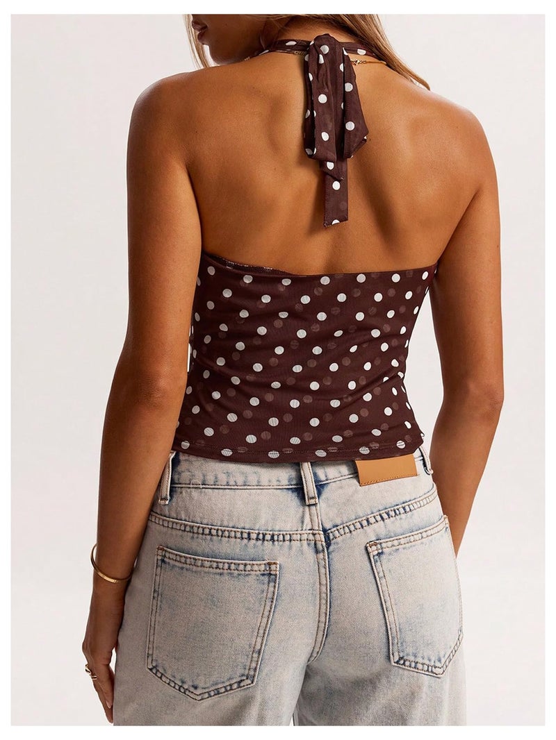 MakeMeChic Women's Polka Dots Halter Top Y2k Going Out Tops Backless Deep V Cowl Neck Tops Brown Large - Image 3