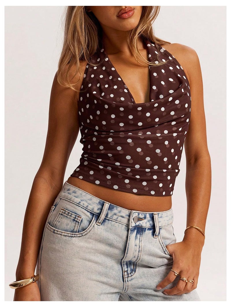 MakeMeChic Women's Polka Dots Halter Top Y2k Going Out Tops Backless Deep V Cowl Neck Tops Brown Large - Image 2