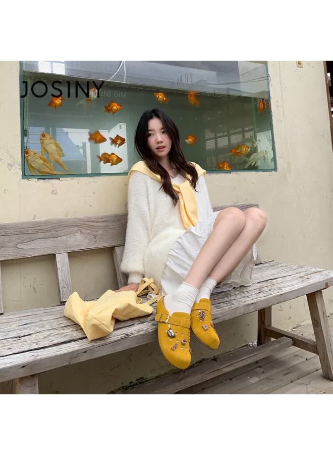 Josiny Full-coverage Birkenstock Shoes,  Spring New Brown Retro Slip-on Flat Leather Shoes, Soft-soled Loafers, Yellow, Size 37 - Image 2