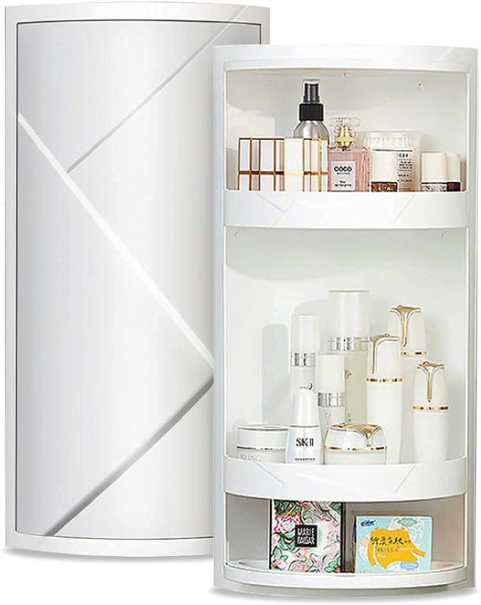 360 ROTATING CORNER SHELVES,3 TIER STORAGE CABINET TOWEL HOLDER RACK, CORNER CABINETS WITH DOORS AND SHELVES FOR BATHROOM BATHTUB TOILET TABLE (COLOR : WHITE)