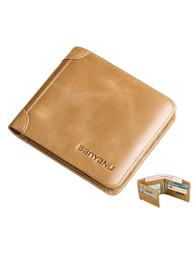 banyanu Wallet Men's Horizontal Genuine Leather Ultra-Thin New Style Wallet Cowhide Khaki - Image 1