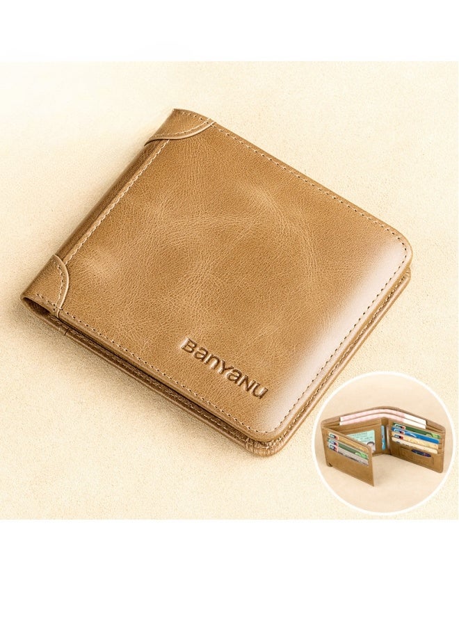banyanu Wallet Men's Horizontal Genuine Leather Ultra-Thin New Style Wallet Cowhide Khaki - Image 2