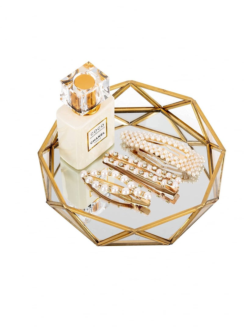 Excefore Glass Perfume Tray, Mirror Cosmetic Makeup Vanity Display Tray Jewelry Trinket Organizer Ornate Octagonal Shape Decorative Tray for Desktop Home Decor Dresser Tabletop Countertop, 7inch, Gold - Image 1
