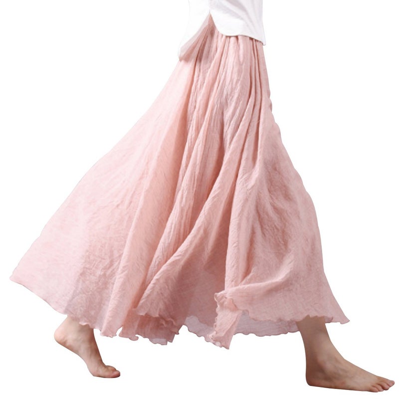 Kafeimali Women Bohemian Cotton Linen Double Layer Elastic Waist Long Maxi Skirt (P, 85CM-Length) - Image 1