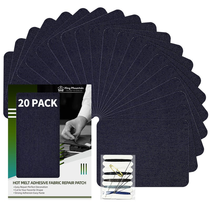 KING MOUNTAIN Iron-on Repair Patch 20 Pcs Pack,Denim Patches for Jeans Kit 3" by 4-1/4",100% Cotton Denim Iron-on Repair Patch, Jeans and Clothing Repair and Decoration Kit (Dark Blue) - Image 1