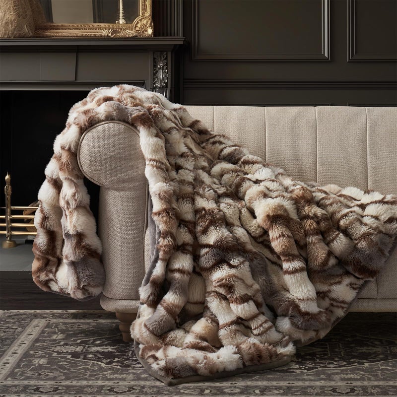 EverGrace Ultra Soft Luxury Fluffy Faux Rabbit Fur Throw Blanket, Thick Warm Bubble Throw for Bed, Cozy Plush Reversible Blankets for Couch, Chair, Sofa, Beige & Gray, 50x60 Inches - Image 1