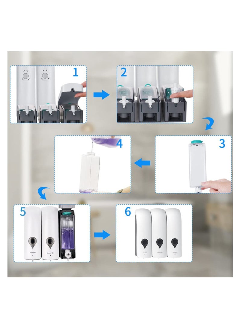 SYOSI Shower Shampoo Conditioner Dispenser, for Shower Wall Bathroom Soap Dispensers Manual Wall-Mounted Dispenser Pump Chamber ShampooLotion Shower Gel Container for Bathroom Hotel, White 3x300ml - Image 4