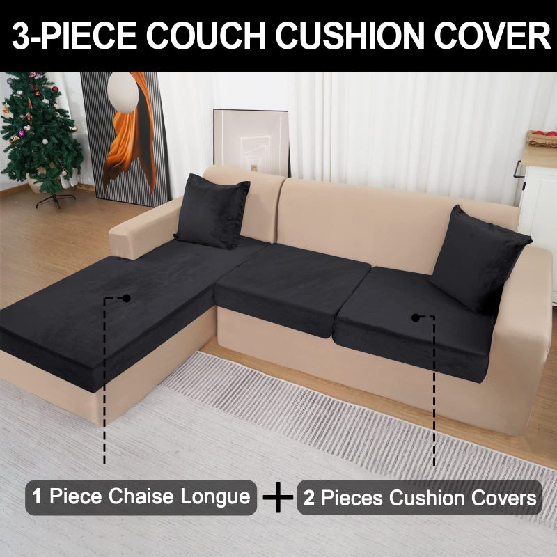 BT.WA Sectional Couch Covers for 3-Piece Seat Cushion Velvet Separate L Shape Couch Cover Stretch Sofa Slipcover with 2 Pieces Pillowcases Furniture Protector (Sofa 2 Seater + 1 Chaise  Black) - Image 2