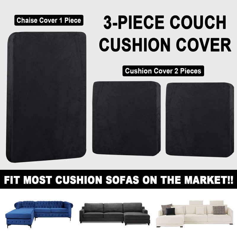 BT.WA Sectional Couch Covers for 3-Piece Seat Cushion Velvet Separate L Shape Couch Cover Stretch Sofa Slipcover with 2 Pieces Pillowcases Furniture Protector (Sofa 2 Seater + 1 Chaise  Black) - Image 4